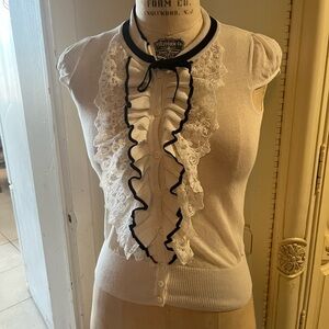 Valentino White and Black Lace Ruffle Blouse